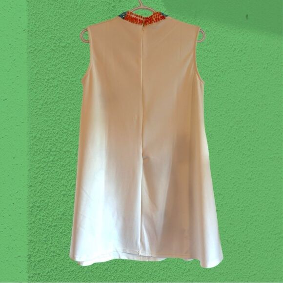 Vintage white embroidered mini shift dress with beaded mock neck. - Picture 5 of 8